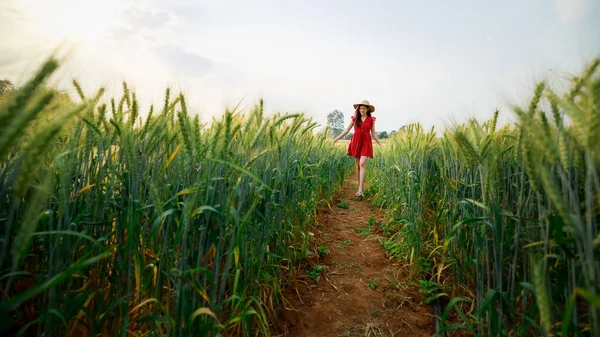 Feliz Jovem Asiático Bonito Mulher Vestindo Vermelho Vestido Aproveitando Caminhando — Fotografia de Stock