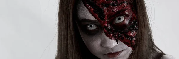 Jeune Asiatique Femme Make Zombie Sur Face Close Head Shot — Photo
