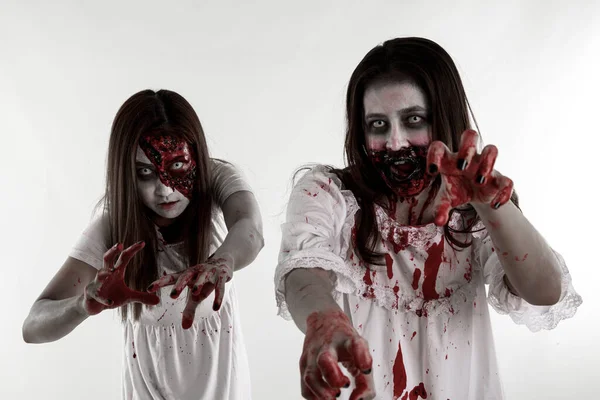 Jong Aziatische Vrouw Het Dragen Van Witte Jurk Make Zombie — Stockfoto