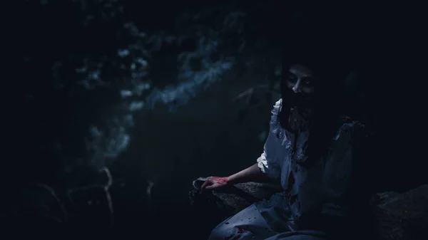 Portret Van Jonge Aziatische Vrouw Witte Trouwjurk Make Geest Zombie — Stockfoto