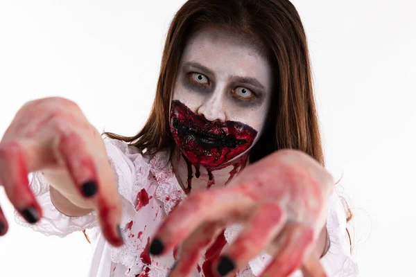 Portrait Asian Women White Dress Make Ghost Face Blood White — Stock Photo, Image