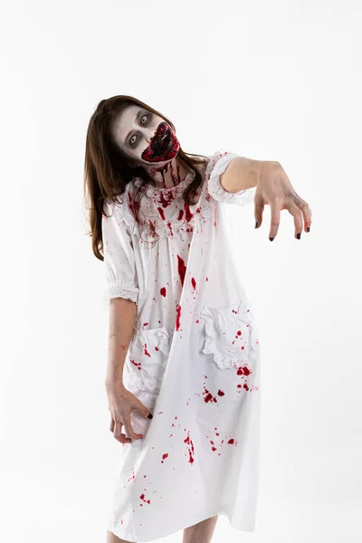 Retrato Asiático Mujeres Blanco Vestido Maquillaje Fantasma Cara Con Sangre —  Fotos de Stock