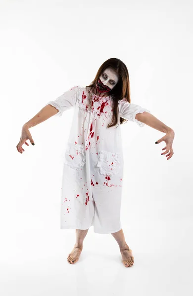 Retrato Asiático Mujeres Blanco Vestido Maquillaje Fantasma Cara Con Sangre —  Fotos de Stock