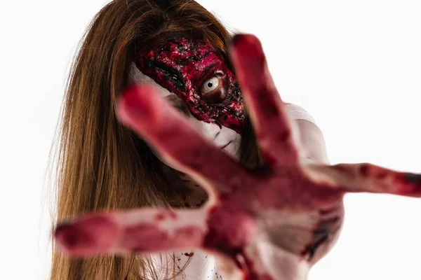 Fermer Oeil Zombie Femme Tenant Les Mains Rouge Sang Noir — Photo