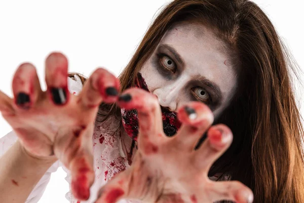 Close Eye Zombie Woman Holding Hands Red Black Blood Mouth — Stock Photo, Image