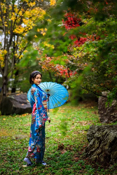 Портрет Молодой Азиатской Женщины Японском Голубом Кимоно Зонтике Стоящей Парке — стоковое фото