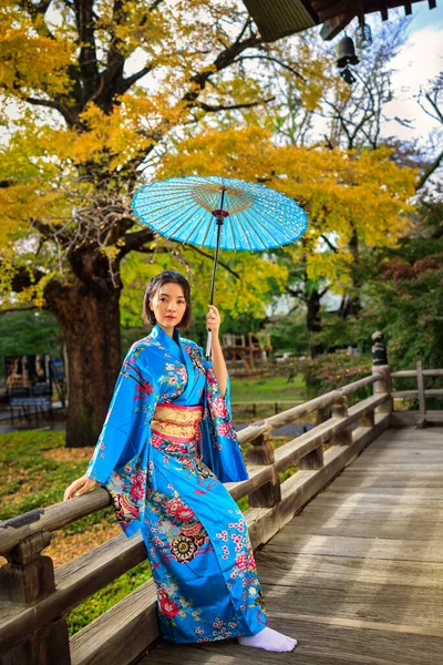 Retrato Mujer Asiática Usando Kimono Azul Japonés Paraguas Mano Parque —  Fotos de Stock