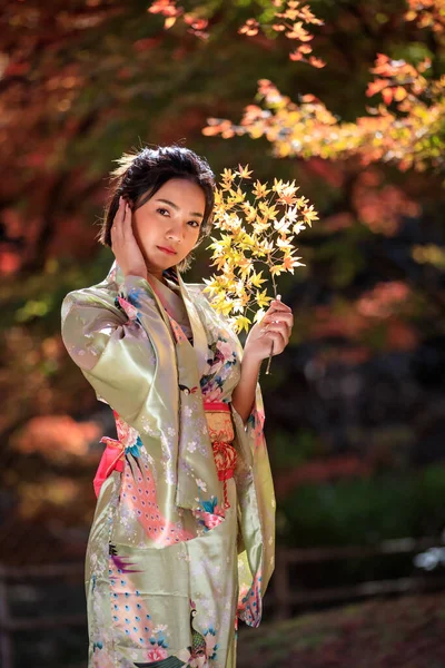 Hermoso Retrato Mujer Asiática Usando Kimono Oro Japonés Pie Posando —  Fotos de Stock