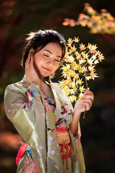 日本秋天 身穿日本金黄色和服的亚洲女人站在公园里 高兴极了 — 图库照片