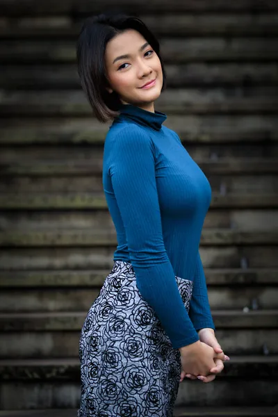 Attractive Beautiful Asian Woman Fashion Portrait Blue Long Sleeved Shirt — Stock Photo, Image