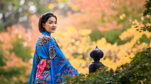 Retrato Mujer Asiática Joven Usando Kimono Azul Japonés Historia Moda —  Fotos de Stock