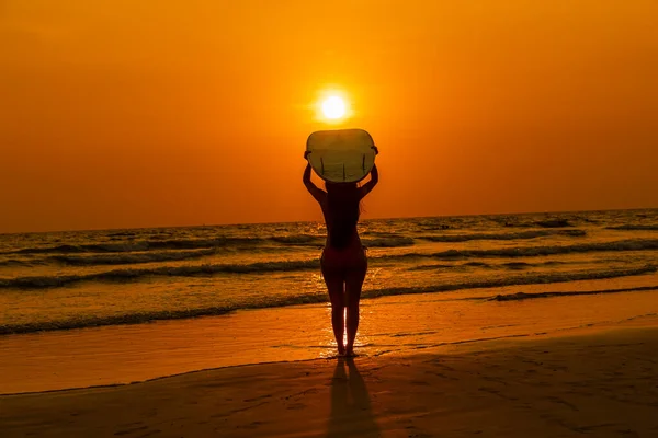 Silüet Genç Asyalı Bikinili Kadın Turist Kumsalda Ele Sörf Tahtası — Stok fotoğraf