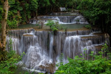 Hua Mea Khamin Şelalesi 'nde tropikal ağaçlar, eğrelti otları sabah ışığında şelalede büyüyen serin, temiz hava ve ormanda dinlenmek için sakin bir yer vardır. Karnchanaburi, Tayland.
