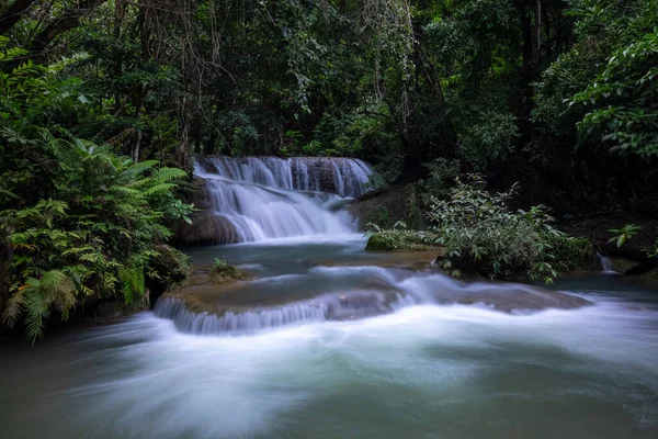 Hua Mea Khamin Vízesés Trópusi Fák Páfrányok Fel Vízesés Reggeli — Stock Fotó