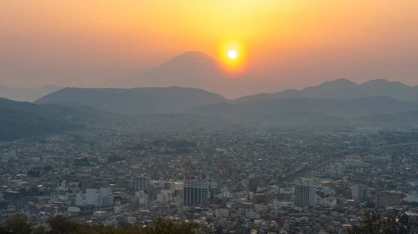 Skymning Stadsbild Med Fuji Berg Och Solnedgång Bakgrund Japan — Stockfoto