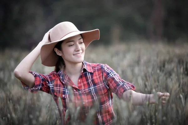 Young Asian Girl Plaid Shirt Hat Checking Barley Rice Portrait — Stock Photo, Image
