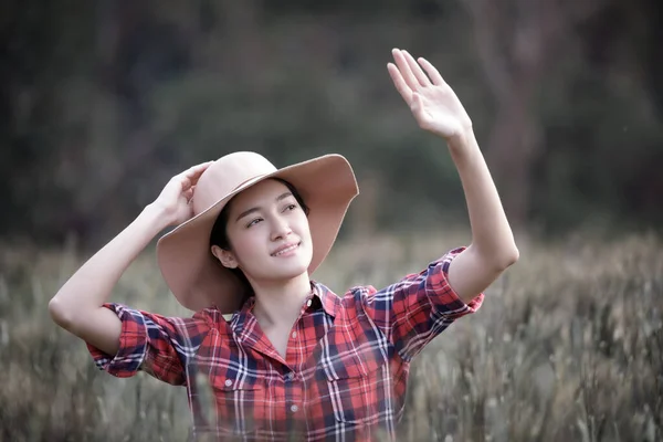 Young Asian Girl Plaid Shirt Hat Checking Barley Rice Portrait — Stock Photo, Image