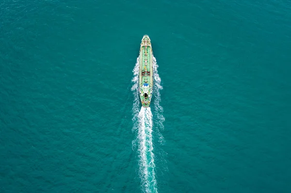 Aerial Top View Green Oil Ship Tanker Full Speed Beautiful — Photo