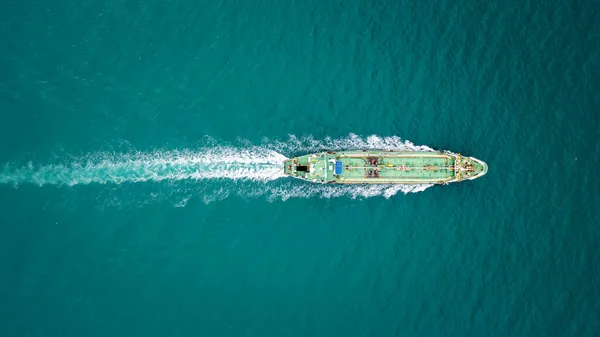 Aerial Top View Green Oil Ship Tanker Full Speed Beautiful — стоковое фото