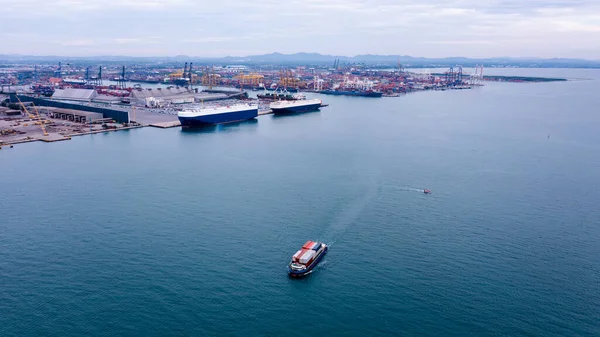 Small Container Ship Sailing Sea Shipping Port Background Photograph Aerial — Fotografia de Stock