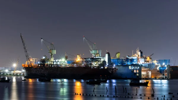 Ship Maintenance Dry Dock Night Long Exposures Shot Sea Foreground Stock Photo
