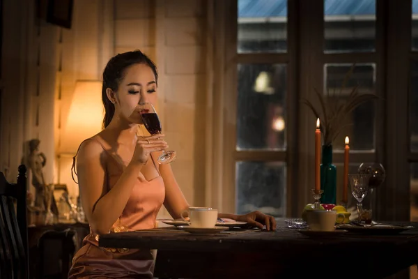 Young Asian Girl Evening Dress Dinner Candlelight Alone — Stock Photo, Image