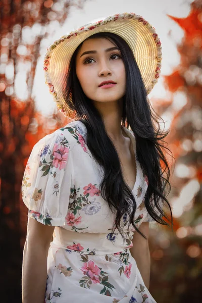 一个穿着古色古香的衣服 头戴古色古香帽子的漂亮姑娘在花园里的画像 艺术风格 — 图库照片