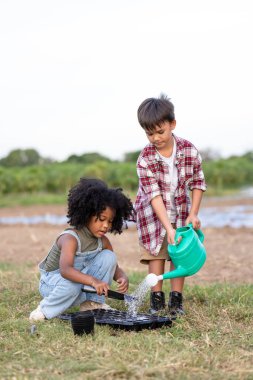 Amerikalı Afrikalı çocuklar, tarımda yetiştirilen sebzelere tohum ekmek için kabın içine koydukları toprağı nemli olarak suluyorlar. Çocuklar yaz konseptinde sebze yetiştirme oyunu oynuyorlar. 