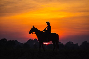 Manzara silueti kovboy atı silah taşıyor. Arka plan ise güneş.