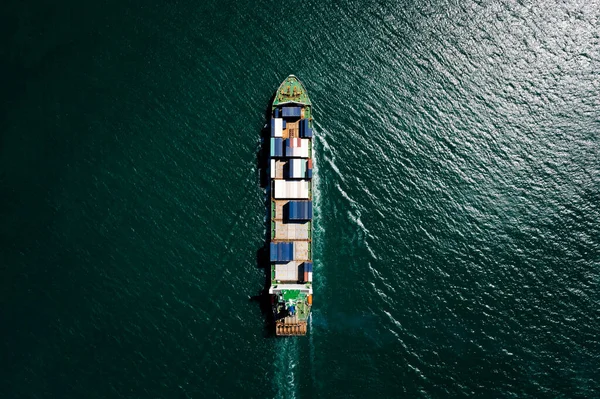 Aerial Top View Container Ship Sailing Green Sea Full Speed — Φωτογραφία Αρχείου