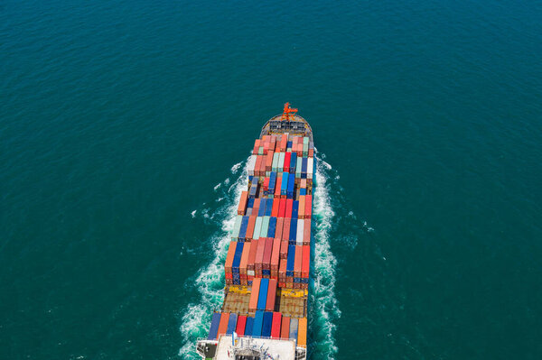 containers ship import and export international  businesses services  transportation by ocean fright aerial view fron drone