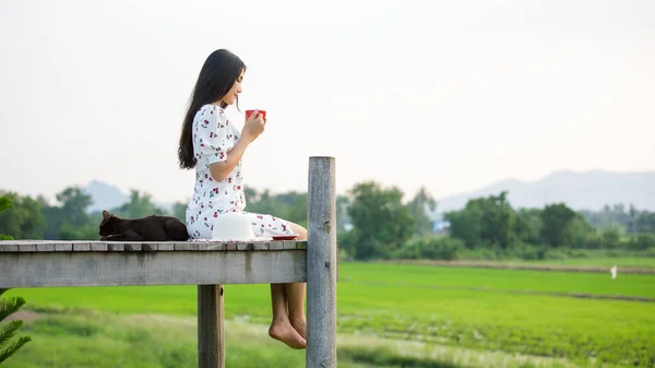 美丽的亚洲女人在木桥上悠闲地喝咖啡 在大自然和农业稻田地区的古老和生活方式的概念 — 图库照片