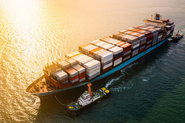 Logistics Transportation International Container Cargo Ship Ocean Sunset Background Εναέρια — Φωτογραφία Αρχείου