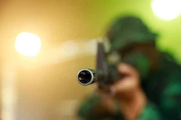 Close Iron Barrel Weapons Background Blurred Soldier Light — Stock Photo, Image
