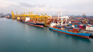 Sanayi limanındaki konteyner gemisi ithalat, küresel iş hizmetleri lojistik ve ulaşım, konteyner gemisi vinçlerle yükleme ve boşaltma, hava görüşü