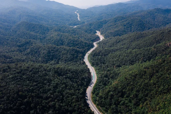 Long Road Curved Valley Connecting Countryside Rainforest Verdant Hill Forest — Φωτογραφία Αρχείου