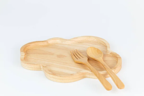 Wooden Plates Spoon White Background — Stock Photo, Image