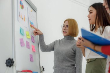 Yeni başlayan projec ve Fikir sunumuyla çalışan genç Asyalı iş grubu, ofisteki pazarlama planlarını analiz ediyor, yeni normal girişim kavramını inceliyor 