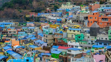 Busan, Güney Kore - 29 Aralık 2020 - Gamcheon Kültür Köyü turistler için ünlü çekici bir yerdir. Dağ yamacında renkli bir köy. Hep Kore dizilerini çekmek için kullanılır..