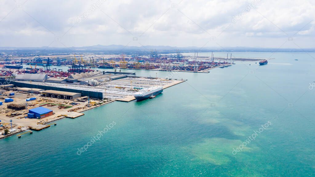 car carrier terminal and  import export business services international on the sea aerial view
