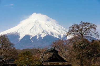 Çatı katı Oshino Hakkai temiz su köyü. Ünlü gezgin mekanı. Fuji volkanı kar ve mavi gökyüzü zeminiyle kaplı. Yamanashi, Japonya.