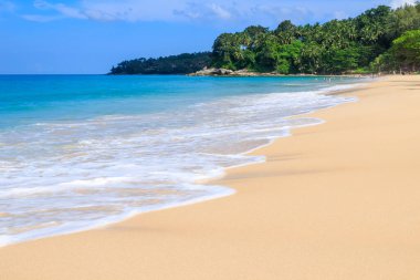 Güneşli bir günde Phuket Thathand 'da güzel tropik plaj ve deniz mavisi gökyüzü manzarası.,