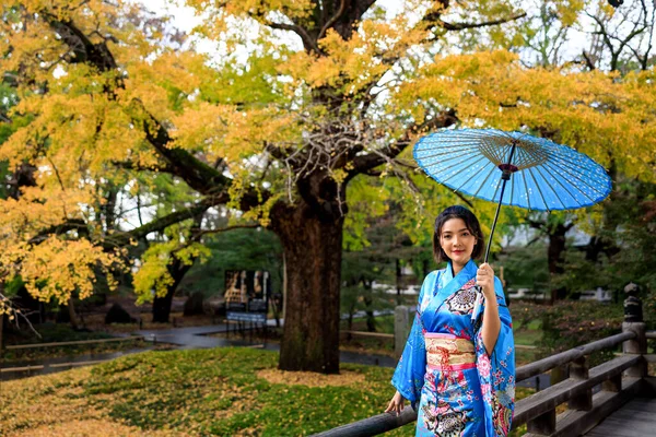 Japon Geleneksel Mavi Kimonosu Giyen Japon Parkında Şemsiye Tutan Asyalı — Stok fotoğraf