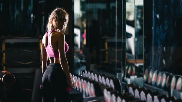 Sports Sexy Women Standing Portrait Posing Working Out Dumbbells Gym — Foto de Stock