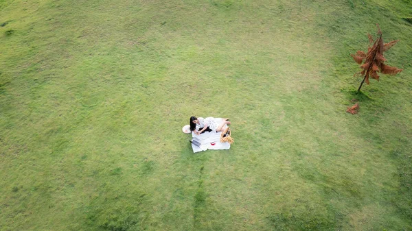 Genç Asyalı kadın yeşil camla rahatlayıp bahçede kırmızı kahve fincanıyla dizüstü bilgisayarda çalışıyor. İş teknolojisi ve serbest meslek kavramı. İHA 'dan hava görüntüsü 