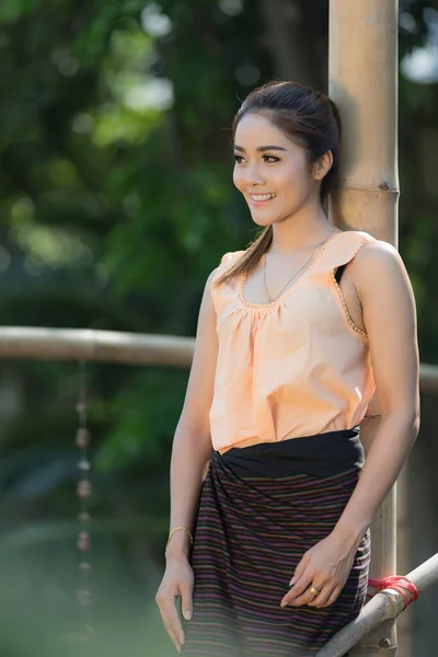 ポートレートタイのモデルは ソフトフォーカスブラーの背景にタイの伝統的な茶色のドレスを着用 — ストック写真