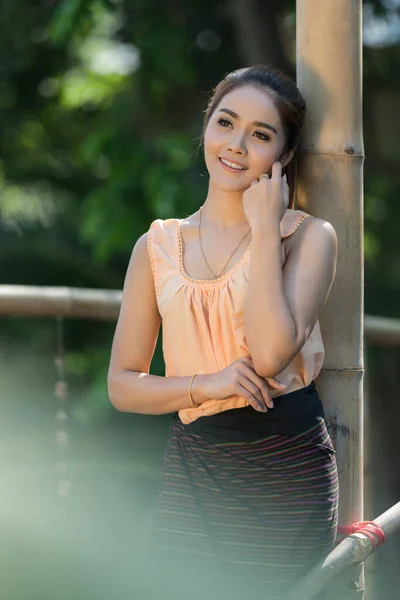Portrait Thai Models Wear Thai Traditional Brown Dress Soft Focus — Φωτογραφία Αρχείου