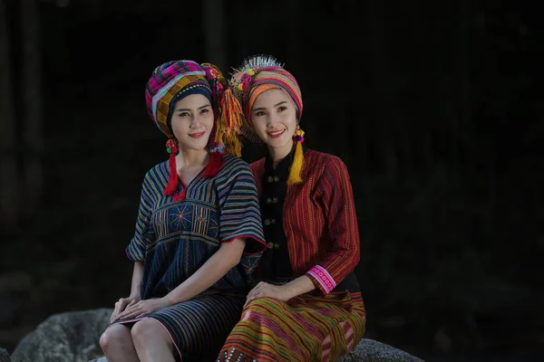 Two Young Karen Girls Smiled Sit Rock Middle Forest — Stok Foto