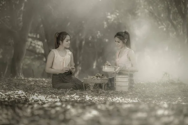 Пикник Двумя Тайскими Девушками Винтажном Стиле Парка — стоковое фото