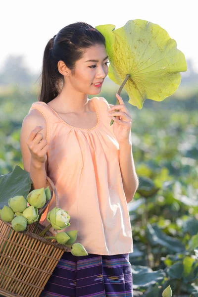 Thai Model Basket Green Lotus Using Sun Lotus Leaves — Stock Photo, Image